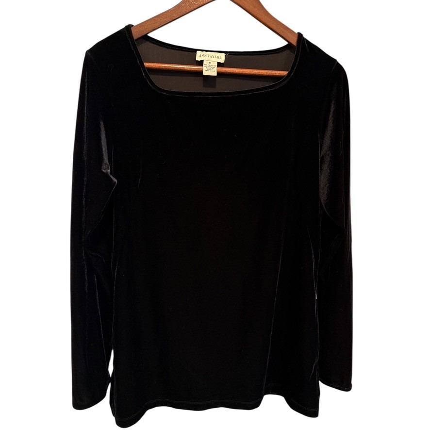 Ann Taylor Black Velvet Square Neck Long Sleeve Top Stretch Blouse Women Sz M